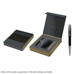 Parker Gift Set Aster Lacque Black CT Rollerball Pen with Visiting Card Holder