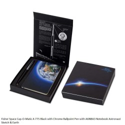Fisher Space Cap-O-Matic A 775 Black & Chrome Finsh Ballpoint Pen with A6NBA3 Notebook Astronaut Sketch & Earth